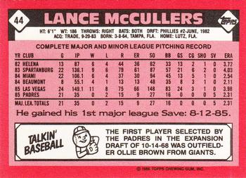 1986 Topps - Collector's Edition (Tiffany) #44 Lance McCullers Back