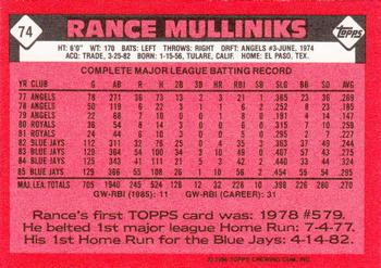 1986 Topps - Collector's Edition (Tiffany) #74 Rance Mulliniks Back