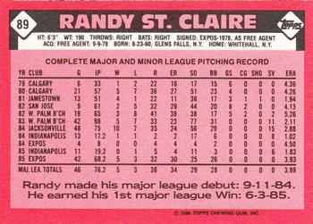 1986 Topps - Collector's Edition (Tiffany) #89 Randy St. Claire Back