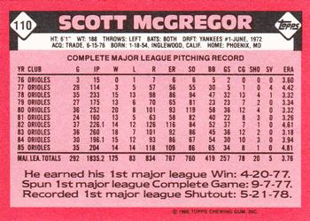 1986 Topps - Collector's Edition (Tiffany) #110 Scott McGregor Back