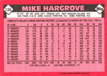 1986 Topps - Collector's Edition (Tiffany) #136 Mike Hargrove Back