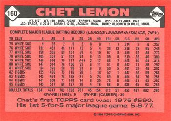 1986 Topps - Collector's Edition (Tiffany) #160 Chet Lemon Back