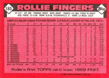 1986 Topps - Collector's Edition (Tiffany) #185 Rollie Fingers Back