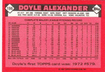 1986 Topps - Collector's Edition (Tiffany) #196 Doyle Alexander Back
