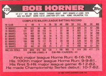 1986 Topps - Collector's Edition (Tiffany) #220 Bob Horner Back