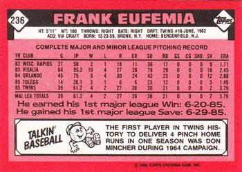1986 Topps - Collector's Edition (Tiffany) #236 Frank Eufemia Back