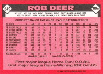 1986 Topps - Collector's Edition (Tiffany) #249 Rob Deer Back