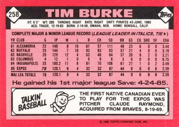 1986 Topps - Collector's Edition (Tiffany) #258 Tim Burke Back