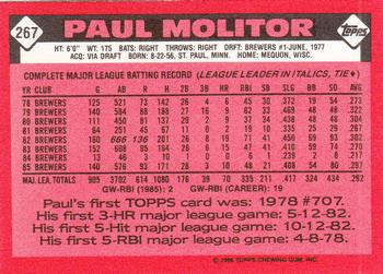 1986 Topps - Collector's Edition (Tiffany) #267 Paul Molitor Back