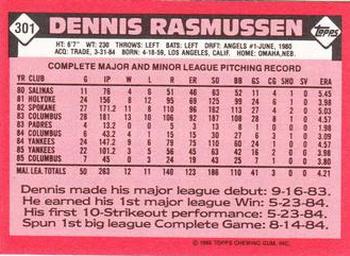 1986 Topps - Collector's Edition (Tiffany) #301 Dennis Rasmussen Back