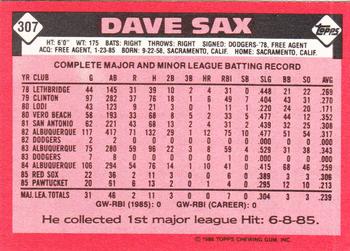 1986 Topps - Collector's Edition (Tiffany) #307 Dave Sax Back
