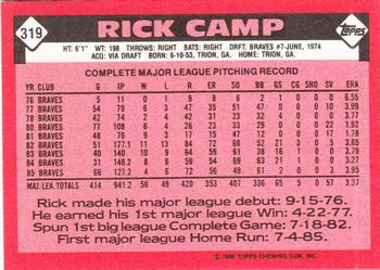 1986 Topps - Collector's Edition (Tiffany) #319 Rick Camp Back