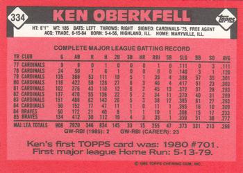 1986 Topps - Collector's Edition (Tiffany) #334 Ken Oberkfell Back