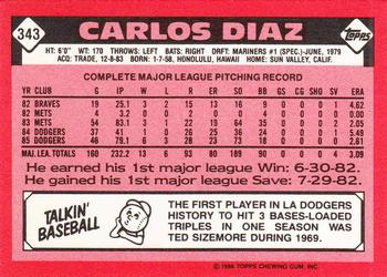 1986 Topps - Collector's Edition (Tiffany) #343 Carlos Diaz Back