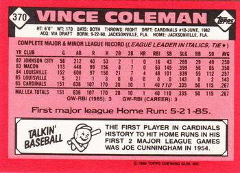 1986 Topps - Collector's Edition (Tiffany) #370 Vince Coleman Back