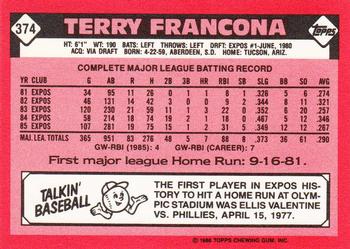 1986 Topps - Collector's Edition (Tiffany) #374 Terry Francona Back