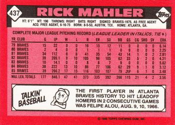 1986 Topps - Collector's Edition (Tiffany) #437 Rick Mahler Back