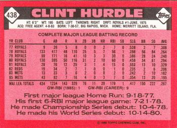 1986 Topps - Collector's Edition (Tiffany) #438 Clint Hurdle Back