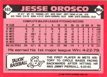 1986 Topps - Collector's Edition (Tiffany) #465 Jesse Orosco Back