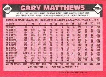 1986 Topps - Collector's Edition (Tiffany) #485 Gary Matthews Back