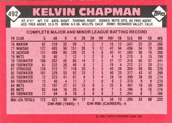 1986 Topps - Collector's Edition (Tiffany) #492 Kelvin Chapman Back