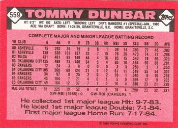 1986 Topps - Collector's Edition (Tiffany) #559 Tommy Dunbar Back