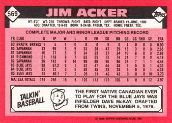 1986 Topps - Collector's Edition (Tiffany) #569 Jim Acker Back