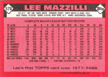 1986 Topps - Collector's Edition (Tiffany) #578 Lee Mazzilli Back