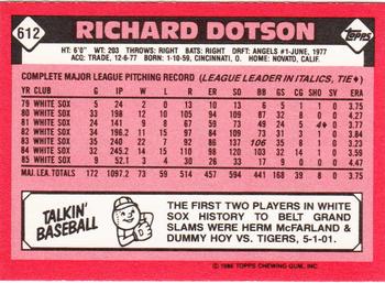 1986 Topps - Collector's Edition (Tiffany) #612 Richard Dotson Back