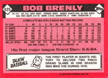 1986 Topps - Collector's Edition (Tiffany) #625 Bob Brenly Back