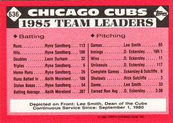 1986 Topps - Collector's Edition (Tiffany) #636 Cubs Leaders Back