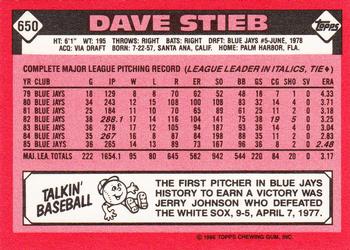 1986 Topps - Collector's Edition (Tiffany) #650 Dave Stieb Back