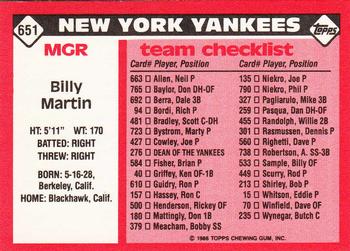 1986 Topps - Collector's Edition (Tiffany) #651 Billy Martin Back
