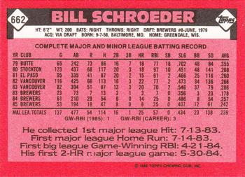 1986 Topps - Collector's Edition (Tiffany) #662 Bill Schroeder Back