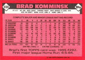 1986 Topps - Collector's Edition (Tiffany) #698 Brad Komminsk Back