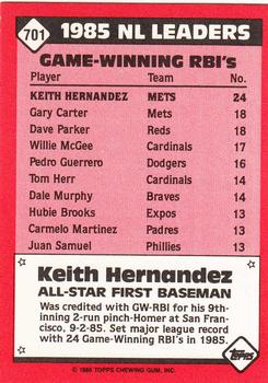 1986 Topps - Collector's Edition (Tiffany) #701 Keith Hernandez Back