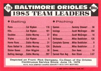 1986 Topps - Collector's Edition (Tiffany) #726 Orioles Leaders Back