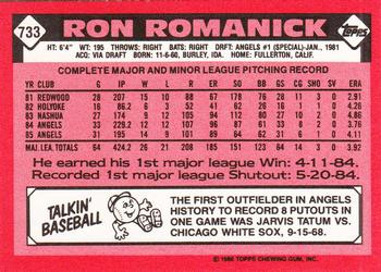 1986 Topps - Collector's Edition (Tiffany) #733 Ron Romanick Back