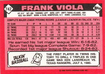 1986 Topps - Collector's Edition (Tiffany) #742 Frank Viola Back