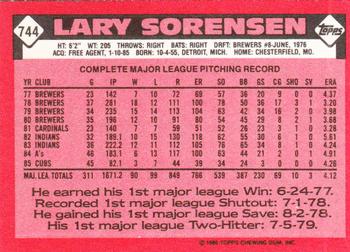 1986 Topps - Collector's Edition (Tiffany) #744 Lary Sorensen Back