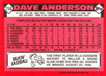 1986 Topps - Collector's Edition (Tiffany) #758 Dave Anderson Back