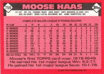 1986 Topps - Collector's Edition (Tiffany) #759 Moose Haas Back