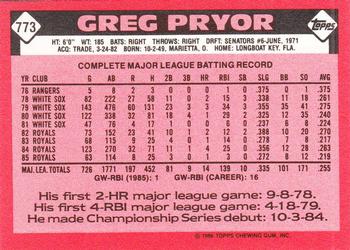 1986 Topps #773 Greg Pryor Back