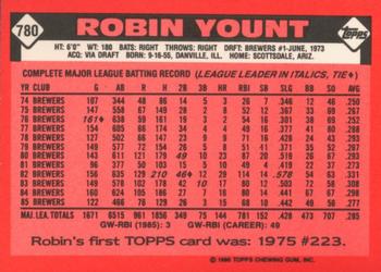 1986 Topps - Collector's Edition (Tiffany) #780 Robin Yount Back