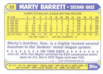 1987 Topps - Collector's Edition (Tiffany) #39 Marty Barrett Back