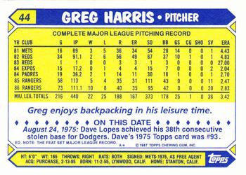 1987 Topps - Collector's Edition (Tiffany) #44 Greg Harris Back