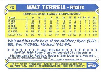 1987 Topps - Collector's Edition (Tiffany) #72 Walt Terrell Back