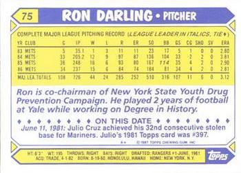 1987 Topps - Collector's Edition (Tiffany) #75 Ron Darling Back