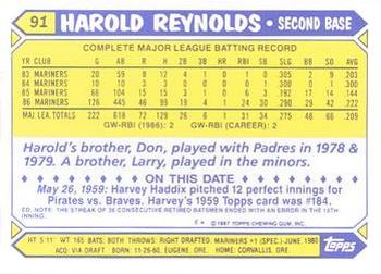 1987 Topps - Collector's Edition (Tiffany) #91 Harold Reynolds Back