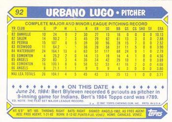 1987 Topps - Collector's Edition (Tiffany) #92 Urbano Lugo Back